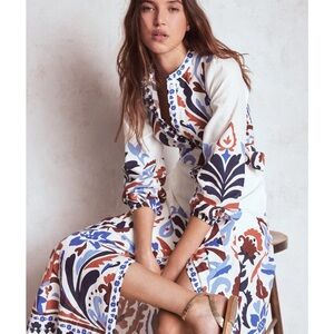 Gorgeous Boden White Maxi Dress with Blue and Rust Floral Print